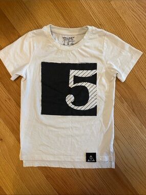 Trilogy Kids White Short Sleeve Tee with Black '5' Graphic